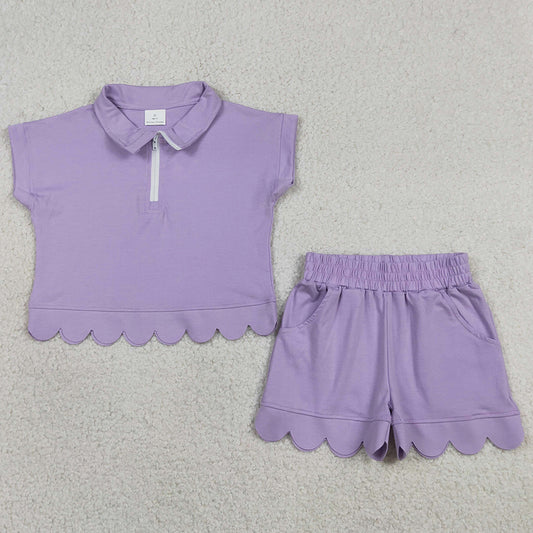 Baby Girls Clothes Lavender Zip Pullover Top Pockets Short Scallop Checked Sets GSSO3377