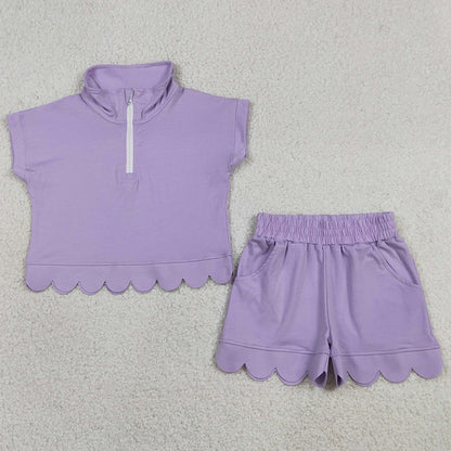 Baby Girls Clothes Lavender Zip Pullover Top Pockets Short Scallop Checked Sets GSSO3377