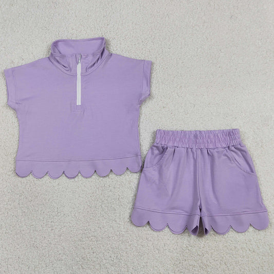 Baby Girls Clothes Lavender Zip Pullover Top Pockets Short Scallop Checked Sets GSSO3377