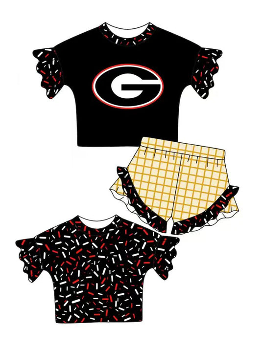Preorder (moq 5)Baby Girls Black Sprinkles G Top Checked Ruffle Shorts Team Clothes Set 1.10