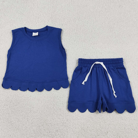 Baby Girls Clothes Hot Blue Sleeveless Tops Shorts Scallop Clothes Sets GSSO3732