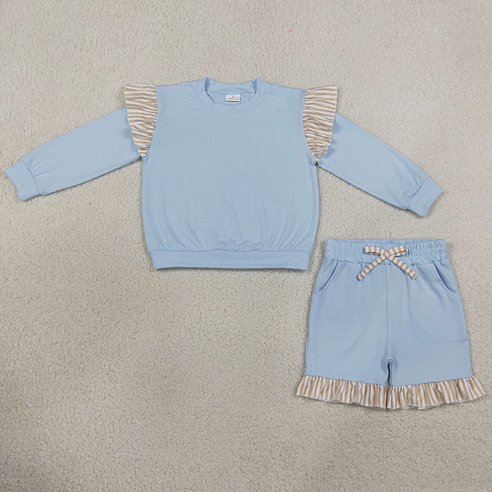 Baby Girls Clothes Blue Long Flutter Sleeve Top Pockets Ruffle Short Clothes Set GLS0216