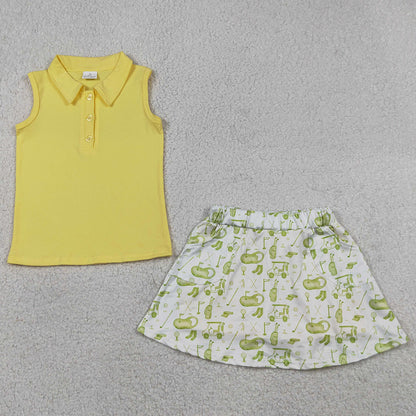 Baby Girls Clothes Yellow Button Vest Top Golf Pockets Skirt Short Clothes Sets GSD2698