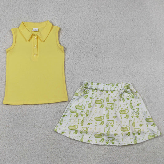 Baby Girls Clothes Yellow Button Vest Top Golf Pockets Skirt Short Clothes Sets GSD2698