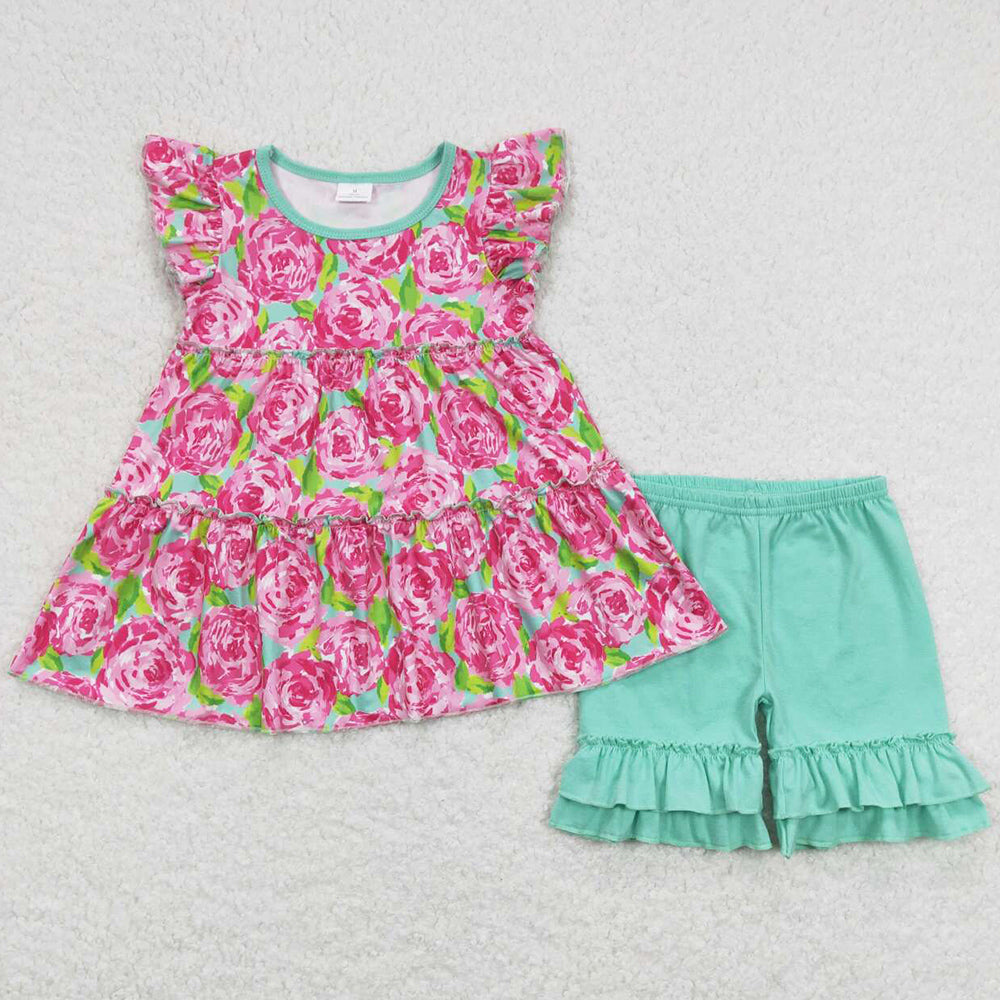 New Design Baby Girls Clothes Flower Print Ruffle Shorts Sets GSSO0615