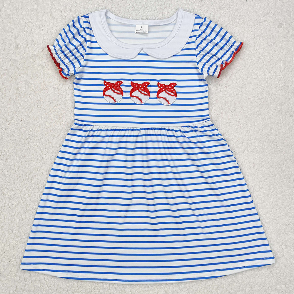 Baby Girls Dress Blue Stripes Baseball Bows Knee Length Dresses GSD1436