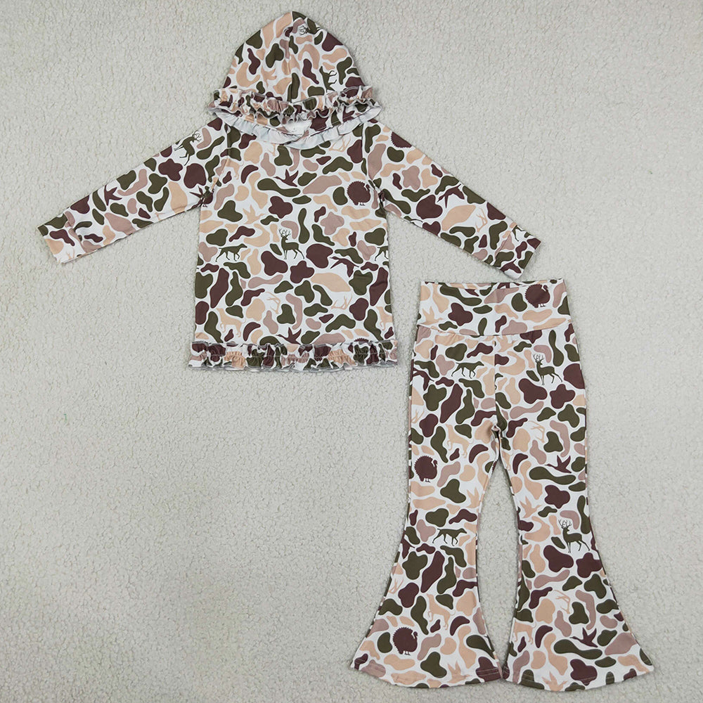 Baby Girls Clothes Ducks Deer Camo Ruffle Hoodies Bell Bottom Pants Hunting Clothes Sets GLP3079