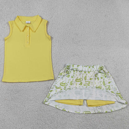 Baby Girls Clothes Yellow Button Vest Top Golf Pockets Skirt Short Clothes Sets GSD2698