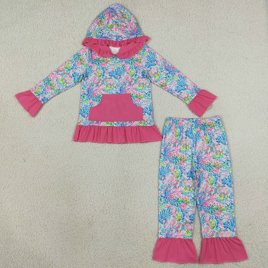 Baby Girls Clothes Watercolor Sea Plants Pocket Ruffle Hoodie Pants Clothes Sets GLP3518