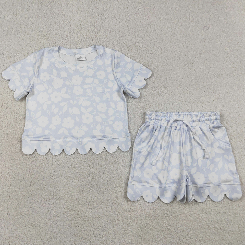 Baby Girls Clothes Light Blue Flowers Top Pockets Short Scallop Clothes Sets GSSO3730