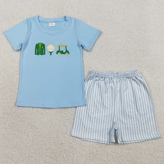 Baby Boys Clothes Embroidery Golf Trucks Shirts Top Stripe Shorts Clothes Sets BSSO1696
