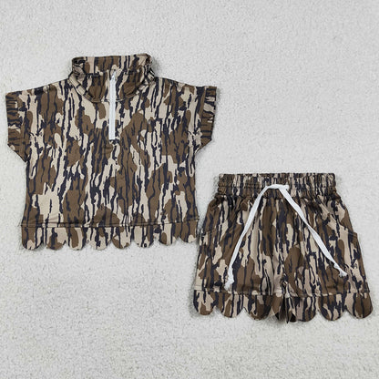 Baby Girls Clothes Southern Olive Wood Camo Zip Top Pockets Short Scallop Clothes Sets GSSO3563