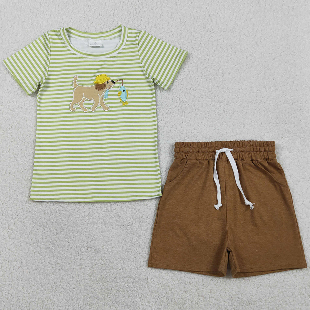 Baby Boys Clothes Embroidery Dog Fishes Green Stripe Top Pockets Shorts Hunting Clothes Sets BSSO1768