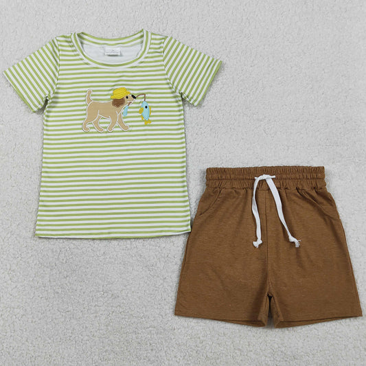 Baby Boys Clothes Embroidery Dog Fishes Green Stripe Top Pockets Shorts Hunting Clothes Sets BSSO1768