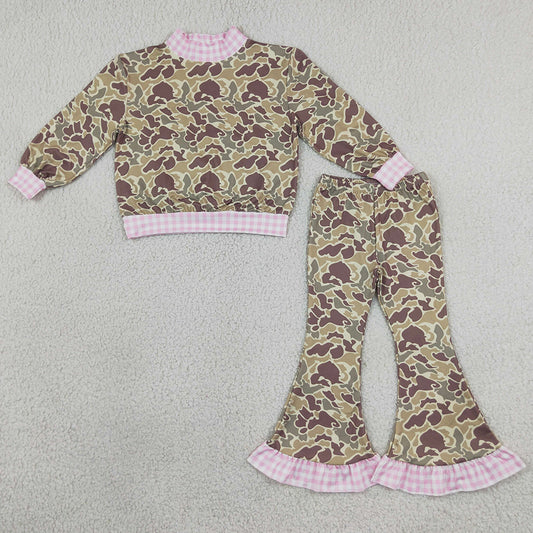 Baby Girls Clothes Pink Khaki Camo Choker Top Bell Bottom Pant Clothes Sets GLP3735