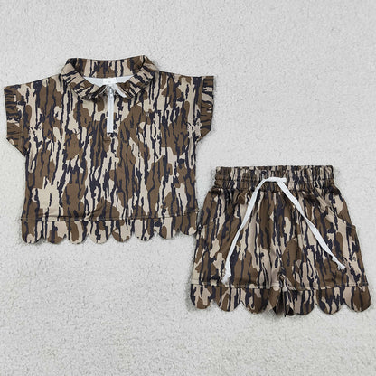 Baby Girls Clothes Southern Olive Wood Camo Zip Top Pockets Short Scallop Clothes Sets GSSO3563