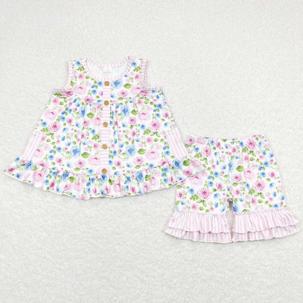 Baby Girls Clothes Pink Flowers Pockets Tunic Ruffle Shorts Sets GSSO0569