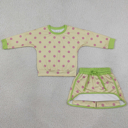 Baby Girls Clothes Green Yellow Polka Dots Long Sleeve Top Skirt Short Clothes Sets GLD1766