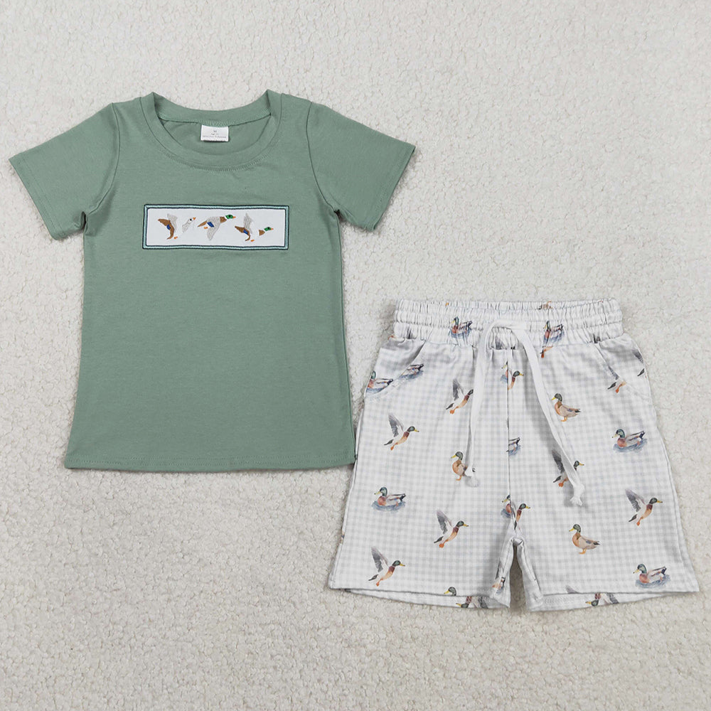 Baby Boys Clothes Embroidery Ducks Top Checked Pockets Short Hunting Clothes Sets BSSO1639