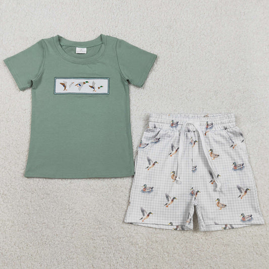 Baby Boys Clothes Embroidery Ducks Top Checked Pockets Short Hunting Clothes Sets BSSO1639