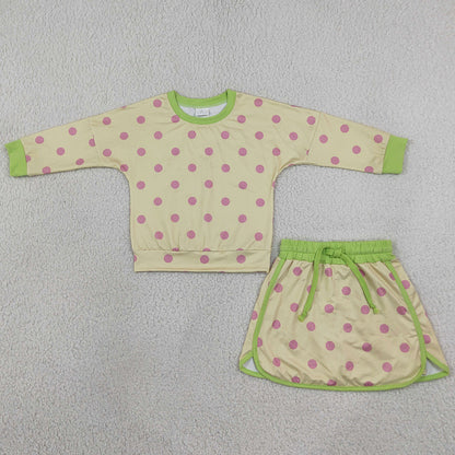 Baby Girls Clothes Green Yellow Polka Dots Long Sleeve Top Skirt Short Clothes Sets GLD1766