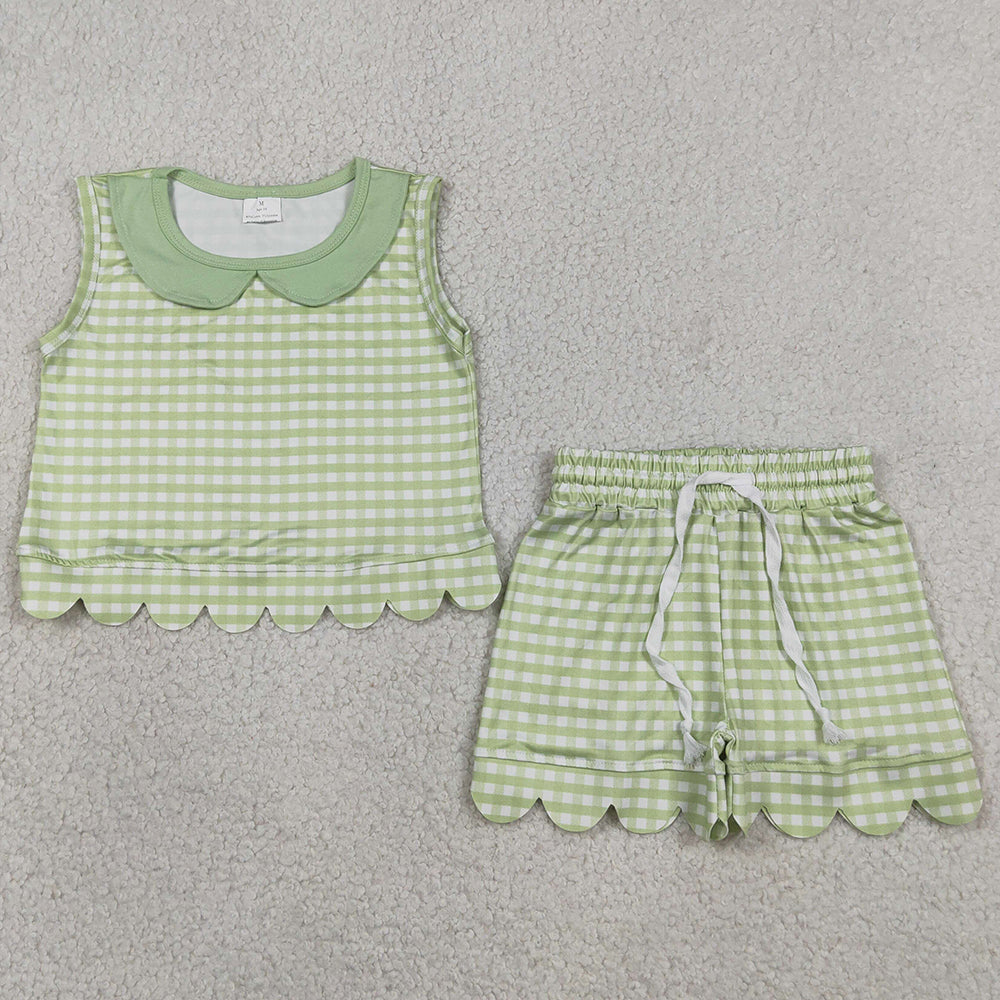 Baby Girls Clothes Sleeveless Green Checked Collar Tops Shorts Scallop Clothes Set GSSO3398