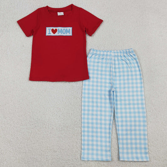 Baby Boys Clothes Embroidery I Love Mom Shirts Checked Pants Clothes Sets BSPO0588 10.20