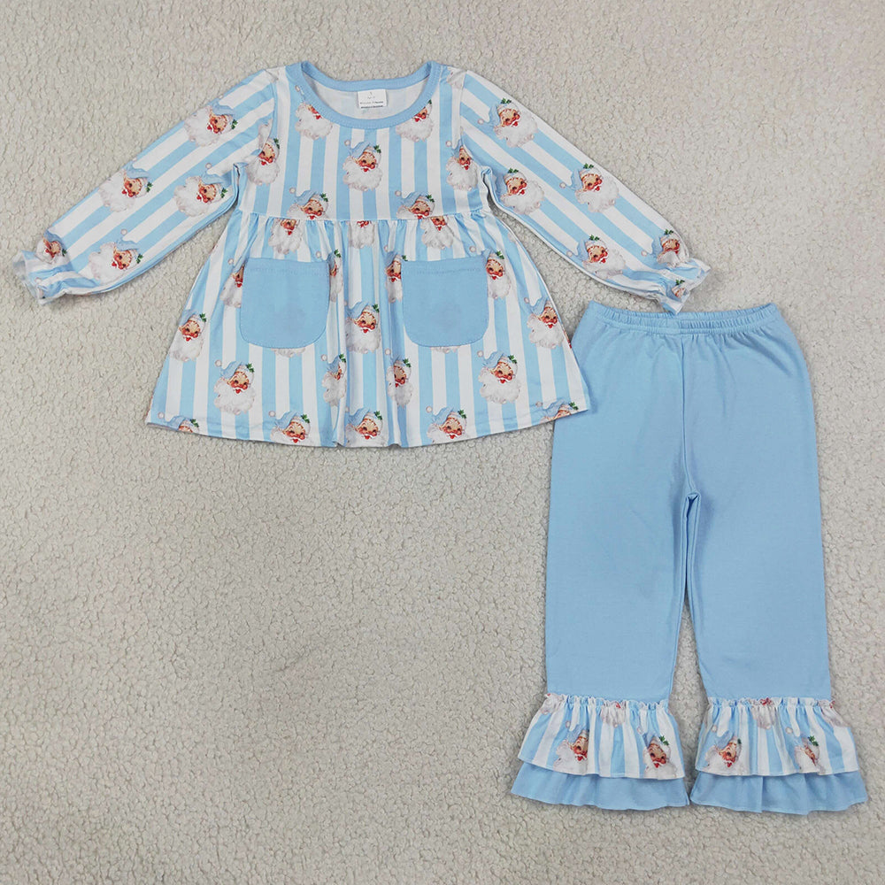 Baby Girls Clothes Blue Stripe Santa Pockets Tunic Ruffle Pant Christmas Clothes Sets GLP3455