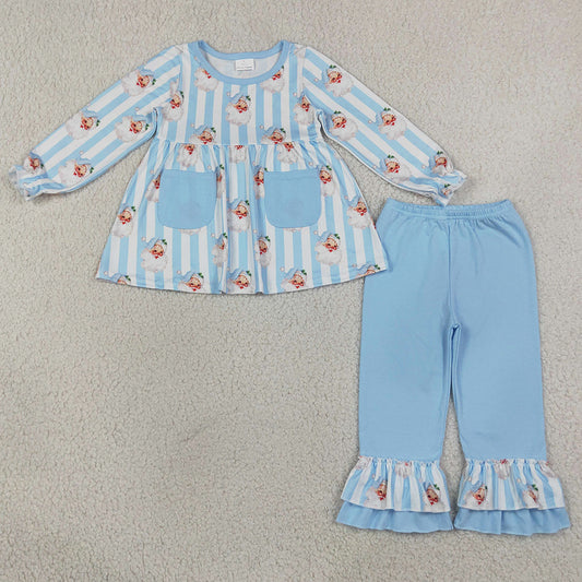 Baby Girls Clothes Blue Stripe Santa Pockets Tunic Ruffle Pant Christmas Clothes Sets GLP3455