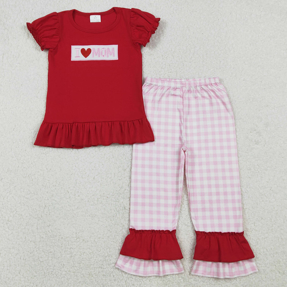 Baby Girls Clothes Embroidery I Love Mom Shirts Checked Ruffle Pants Clothes Sets GSPO2071 11.3