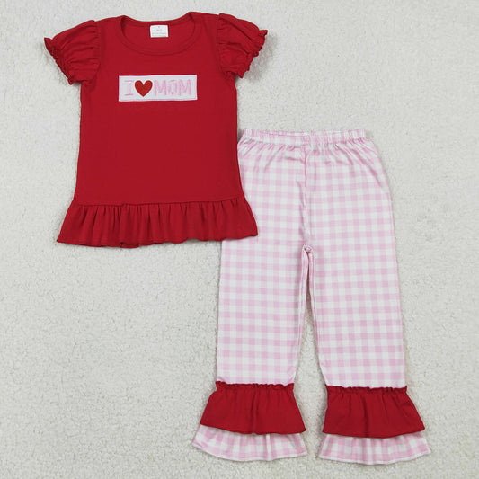 Baby Girls Clothes Embroidery I Love Mom Shirts Checked Ruffle Pants Clothes Sets GSPO2071 11.3