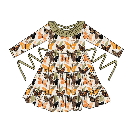 Preorder moq 5 Baby Girls Long Sleeves Colorful Butterfly With Belt Ruffle Knee Length Dresses 5.2