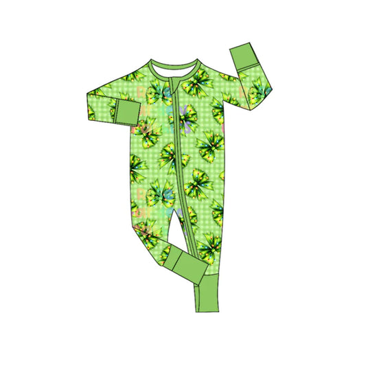 Preorder moq 5 Baby Infant Boys Long Sleeves Green Plaid Bows Zipper Romper 7.15