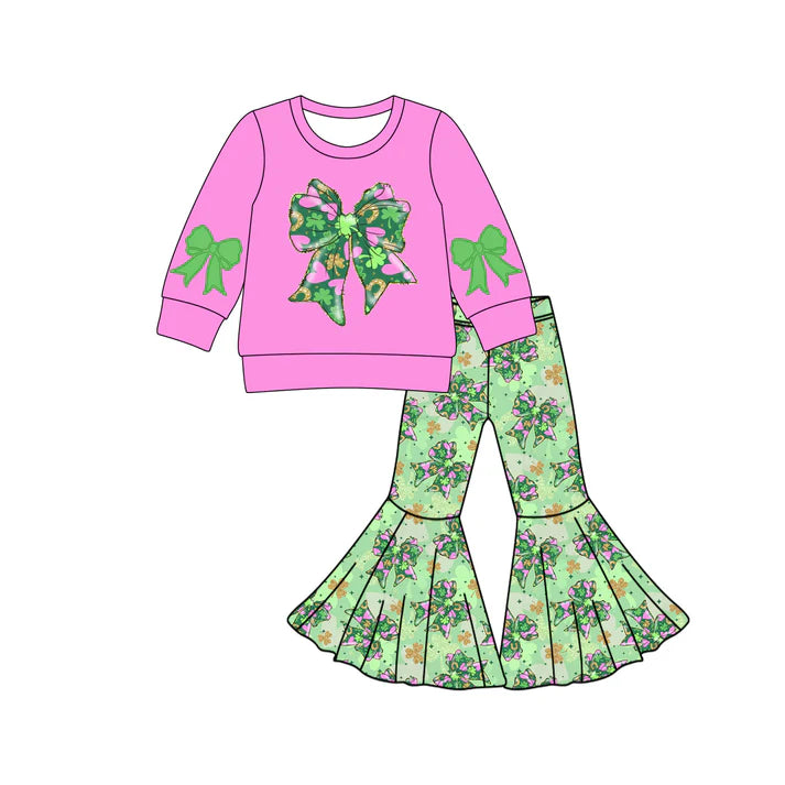 Preorder (moq 8)Baby Girls Clovers Bows Shirts Top Bell Bottom Pants St Patrick Clothes Sets 9.22