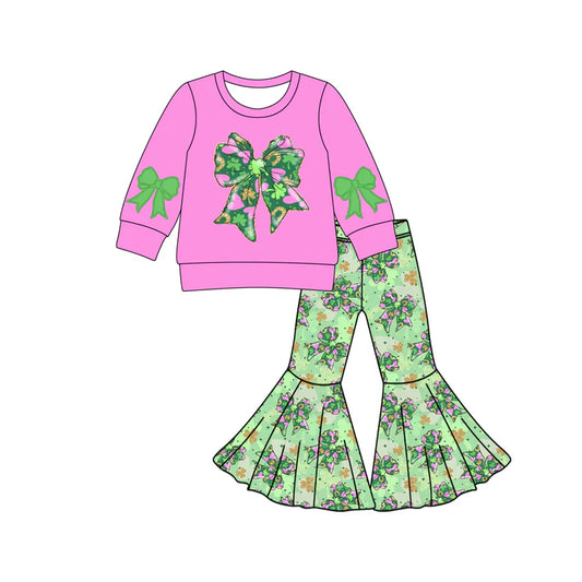 Preorder (moq 8)Baby Girls Clovers Bows Shirts Top Bell Bottom Pants St Patrick Clothes Sets 9.22