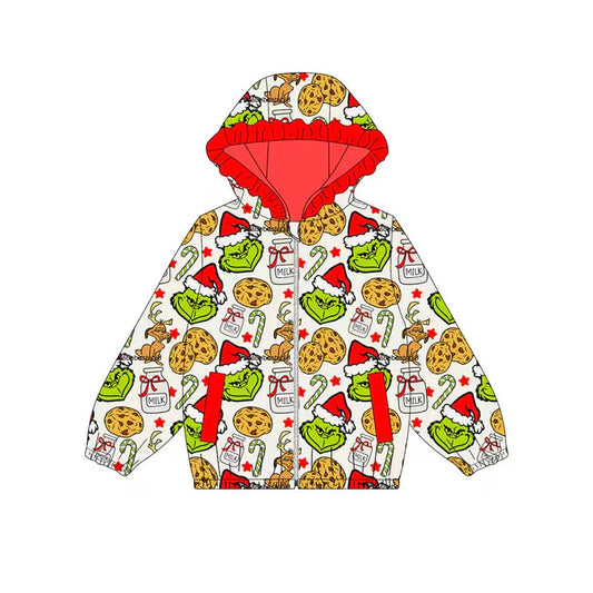 Preorder (moq 8)Baby Girls Green Faces Cookie Milks Pockets Zipper Christmas Ruffle Hoodies Jackets Top 9.8