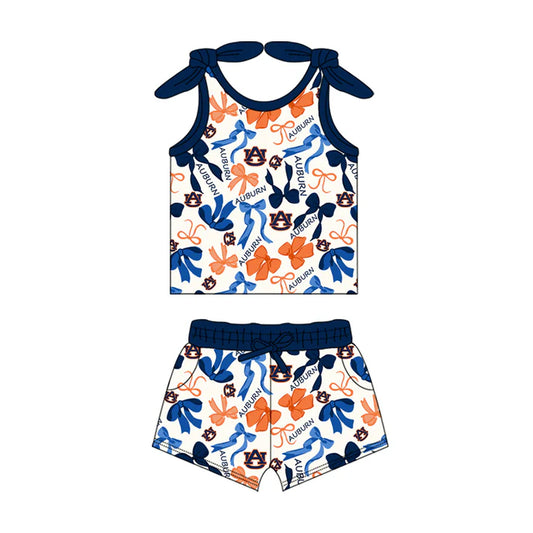 Preorder MOQ 5 pcs sleeveless A U bow top shorts girls team clothes 8.26