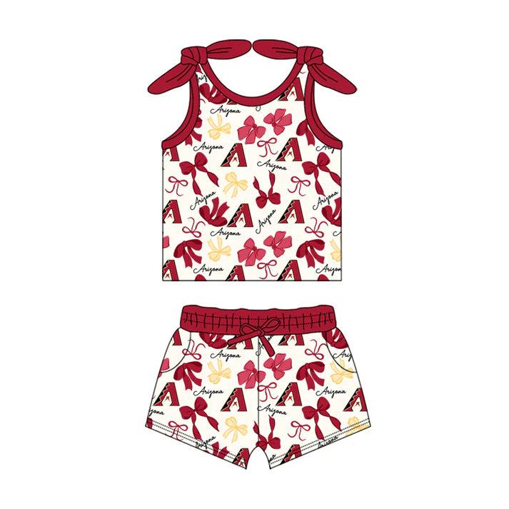 Preorder MOQ 5 pcs sleeveless A red bow top shorts girls team clothes 8.23