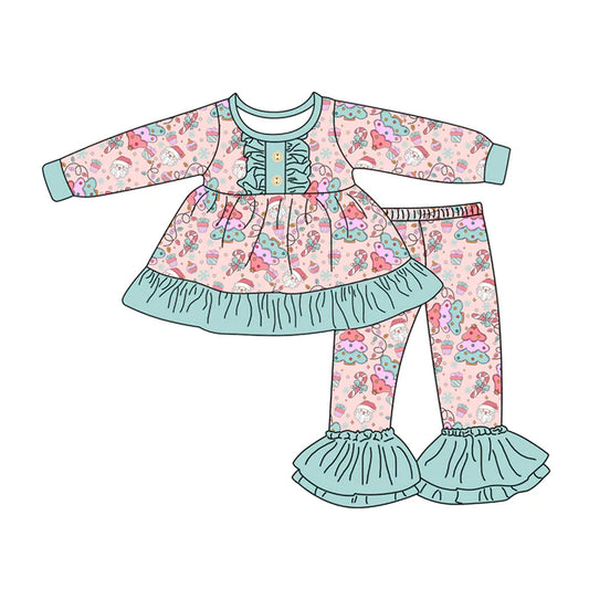 Preorder (moq 5)Baby Girls Long Sleeves Christmas Trees Santa Button Tunic Bell Bottom Pants Set 7.26