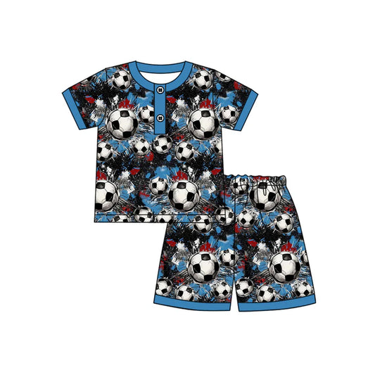 Preorder moq 5 Baby Boys Blue Short Sleeves Footballs Button Top Short Pajamas Set 4.12