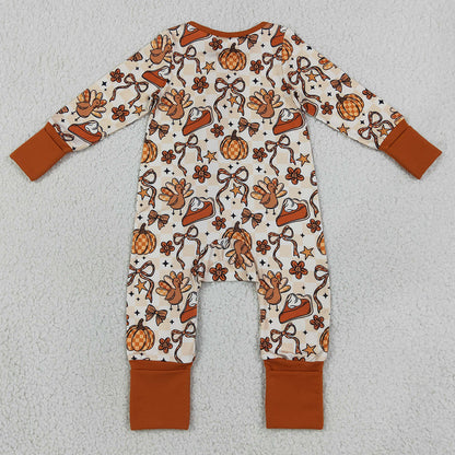 Baby Girls Rompers Turkey Pumpkins Bows Thanksgiving Zip Rompers LR3119