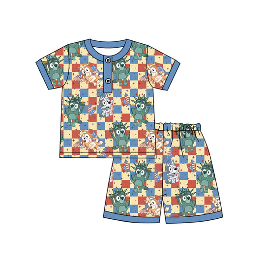 Preorder moq 5 Baby Boys Short Sleeves Cartoon Dogs Flags Button Top Short 4th Of July Pajamas Set 4.12