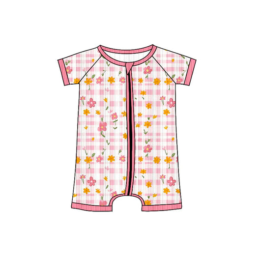 Preorder (moq 5)Baby Girls Short Sleeves Pink Plaid Flowers Zipper Shorts Rompers 6.4