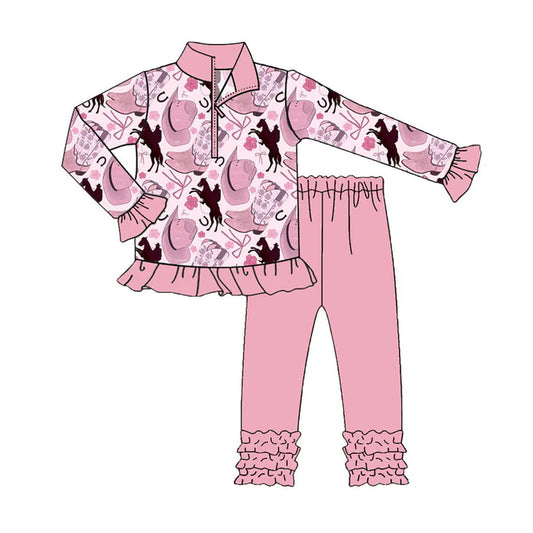 Preorder (moq 8)Baby Girls Hats Horse Rodeos Zipper Pullover Ruffle Leggings Western Clothes Sets 9.11