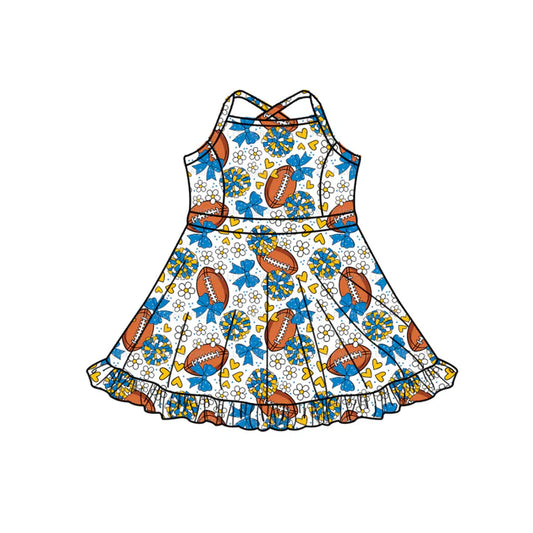 Preorder (moq 5)Baby Girls Strap Blue Bow Footballs Team Shorts Ruffle Knee Length Dress 1.13