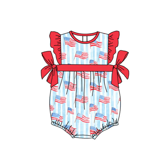 Preorder moq 5 Baby Girls Red Flutter Sleeves Blue Stripe Flags 4th Of July Ruffle Rompers 4.17