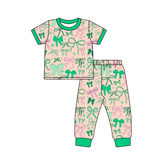 Preorder(moq 8)Baby Girls Green Pink Bows Clovers Top Pant St Patrick Pajamas Sets 9.29