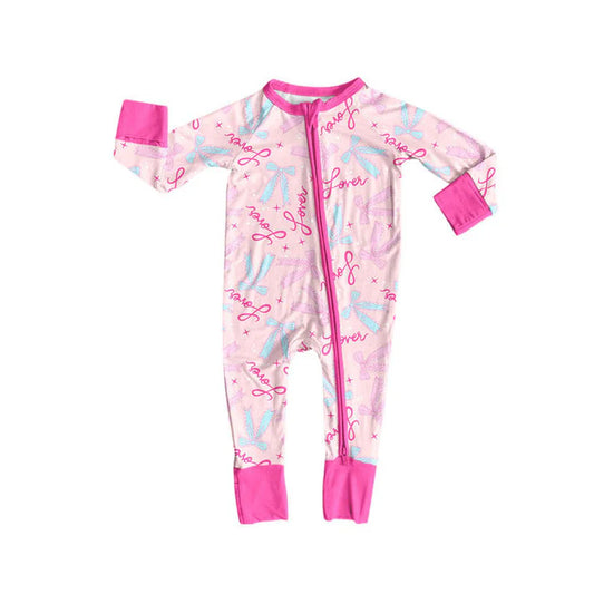 Preorder (moq 8)Baby Girls Pink Love Bows Valentine Zipper Footie Rompers 9.9