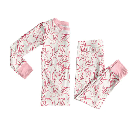 Preorder(moq 5) Baby Girls Pink Rabbits Plaid Top Pants Easter Pajamas Set 10.23
