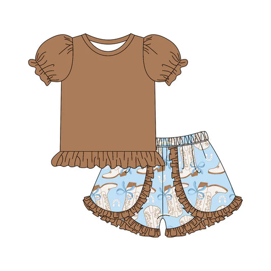 Preorder moq 5 Baby Girls Brown Short Ruffle Sleeves Tunic Bows Boots Ruffle Short Set 4.17